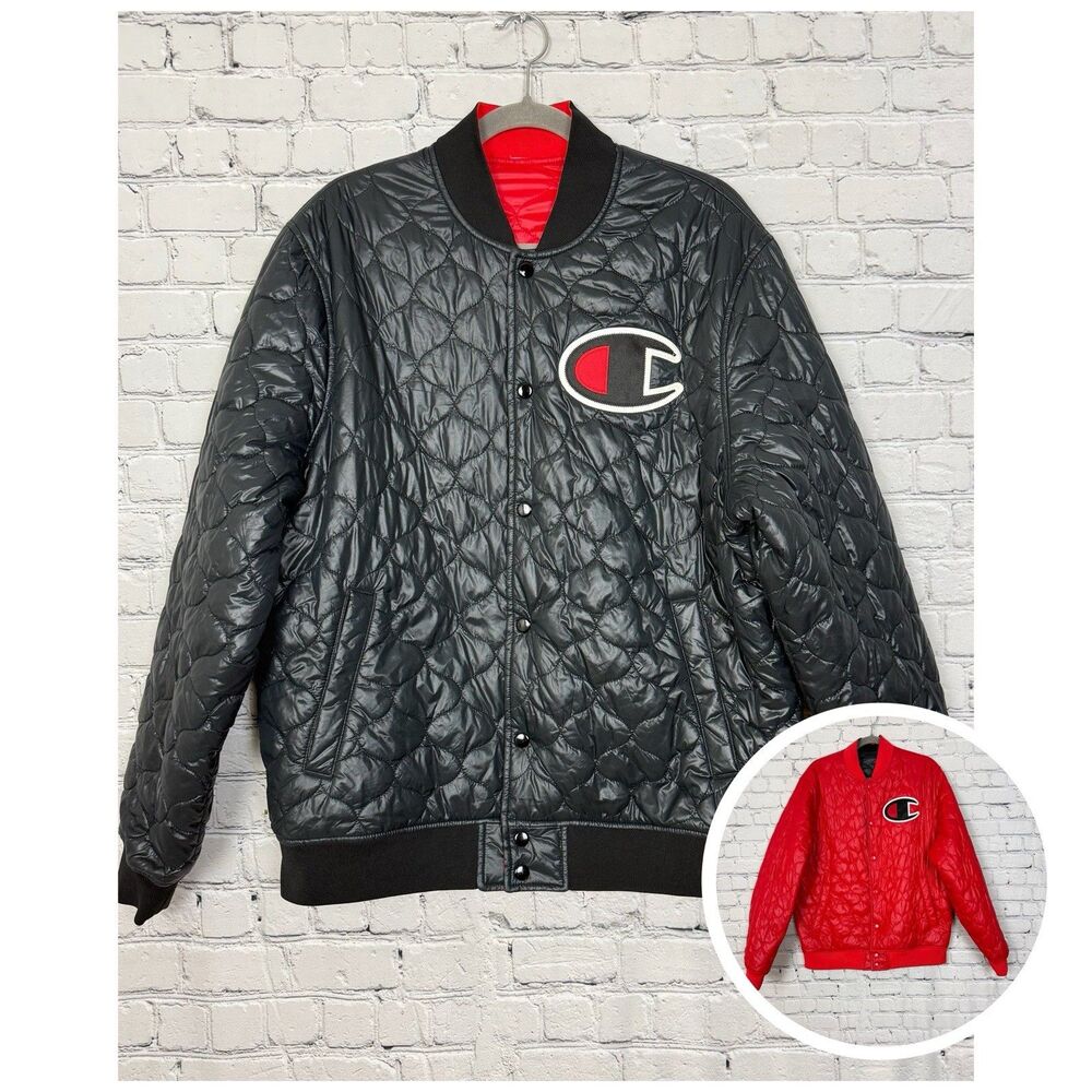Champion Mens Navy and Red Reversible Quilted Bomber Jacket Snap Puffer Logo L